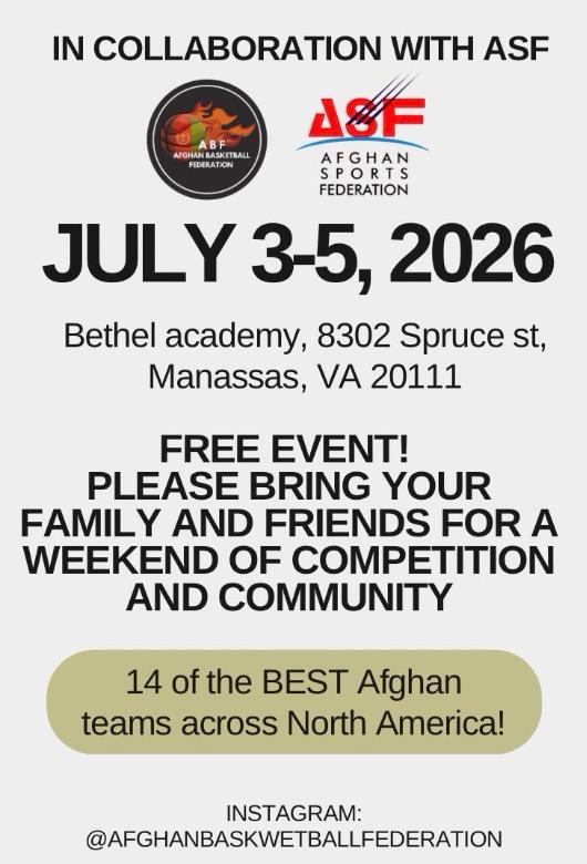 July 4th ABF Tournament — July 3–5, 2026 at Bethel Academy, Manassas VA. Free event, 14 Afghan teams across North America.