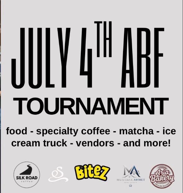 July 4th ABF Tournament — food, specialty coffee, matcha, ice cream truck, and vendors.